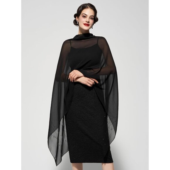 Women Black Sequin Chiffon Shawls and Wraps Formal Rhinestone for Evening Dress - Picture 2 of 6